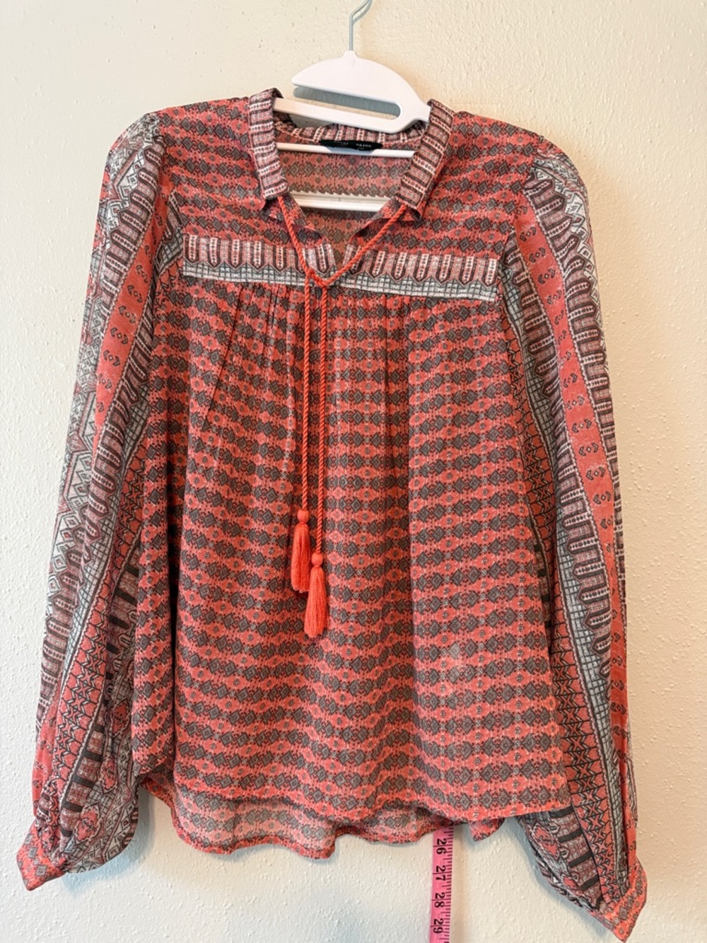 Lucky Brand Coral Printed Boho Peasant Sheer Blouse